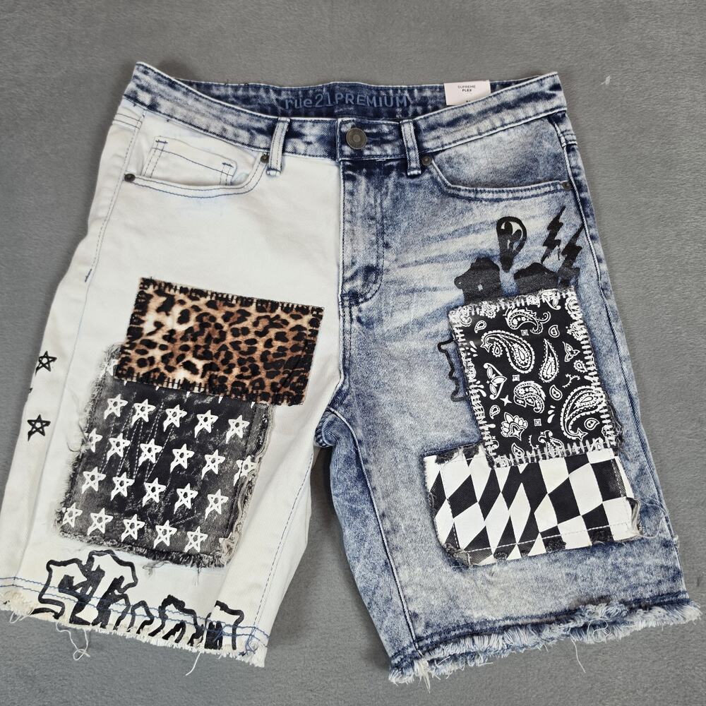 Siz 32Premium Denim Mens Jean Shorts Patchwork Supreme Flex Frayed Hem Art Retro